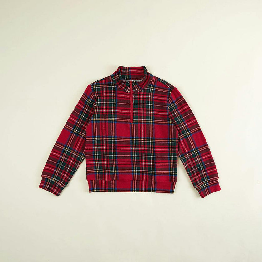 Red Tartan Plaid French Terry Quarter Zip Sweatshirt