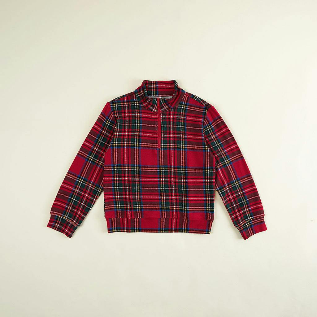 Red Tartan Plaid French Terry Quarter Zip Sweatshirt