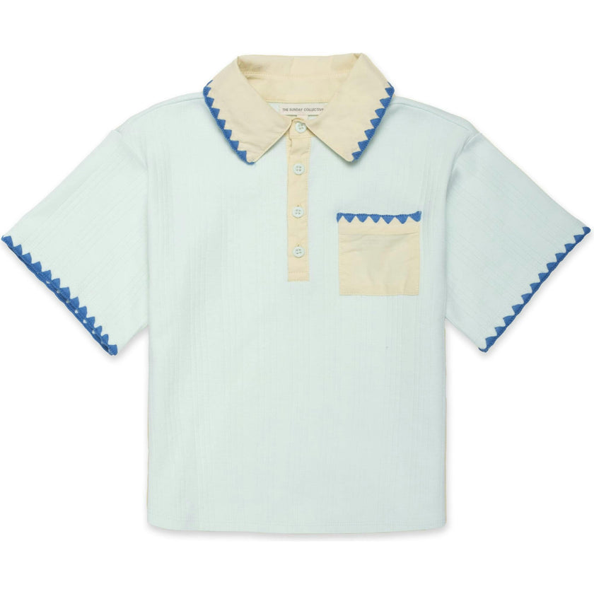 Organic Embroidered Knit Polo in Frosty Jade