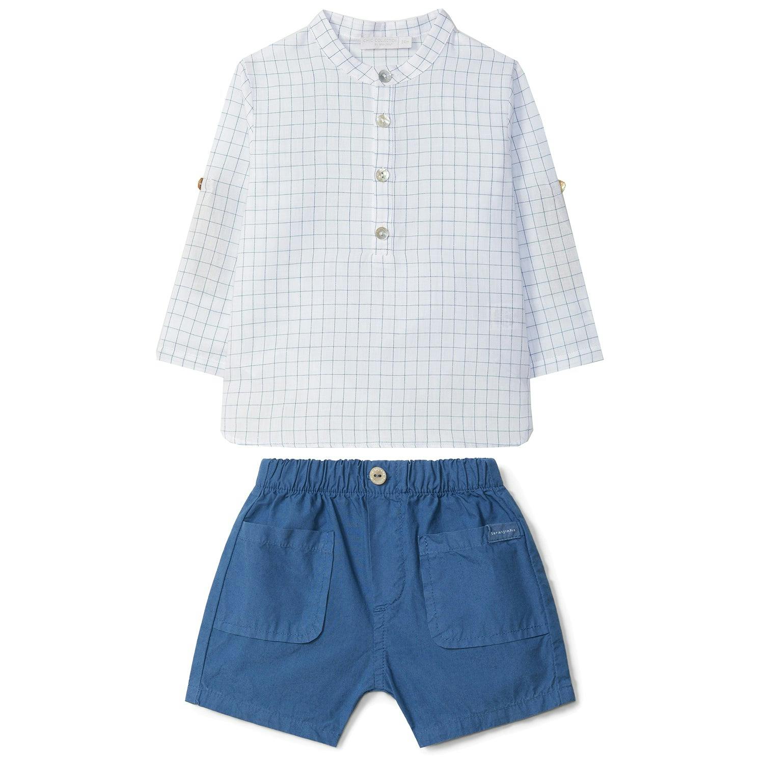 LARANJINHA Windowpane Baby Set - White & Medium Blue