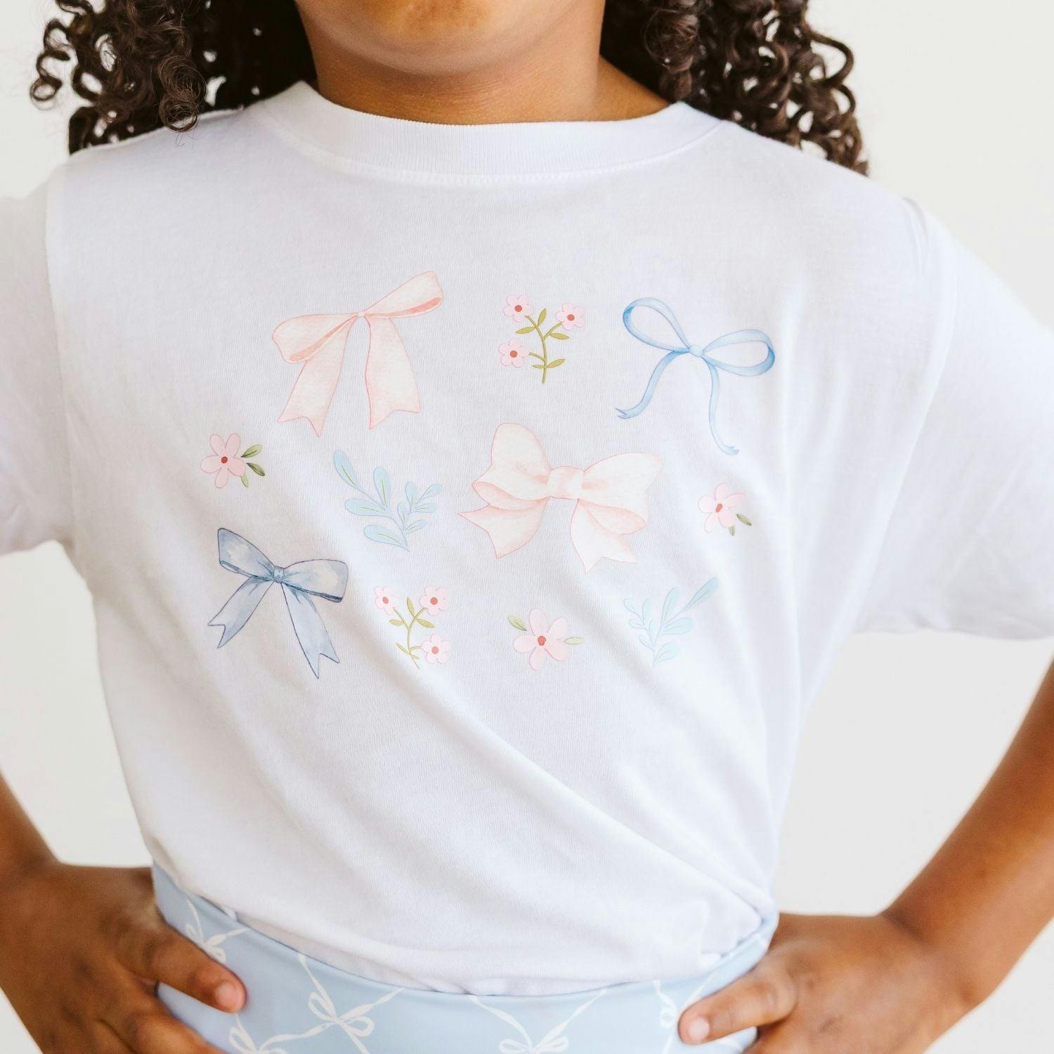 Floral & Bow Watercolor Short Sleeve T-Shirt - White