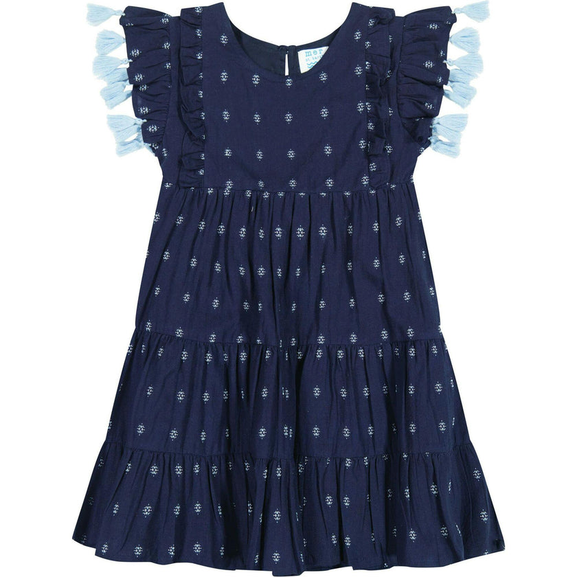 Sophie Girl's Tassel Dress Navy Turquoise Swiss Dot, Blue