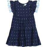 Sophie Girl's Tassel Dress Navy Turquoise Swiss Dot, Blue