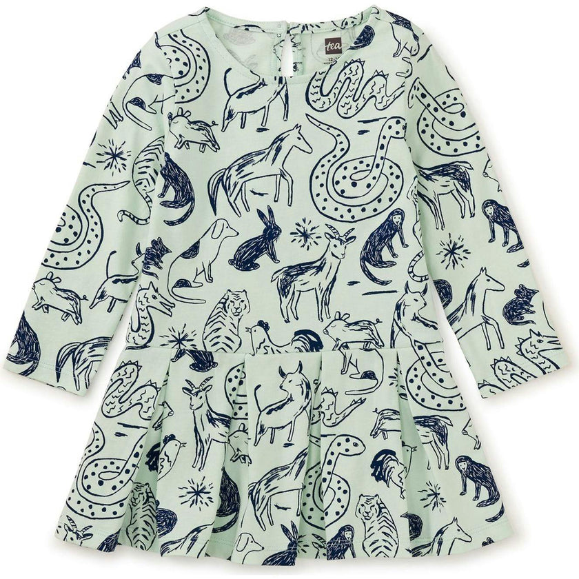 Long Sleeve Pleated Skater Dress, Green