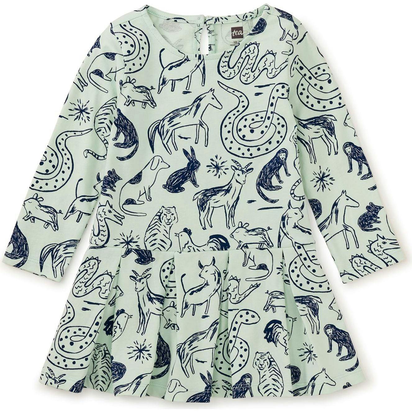 Long Sleeve Pleated Skater Dress, Green