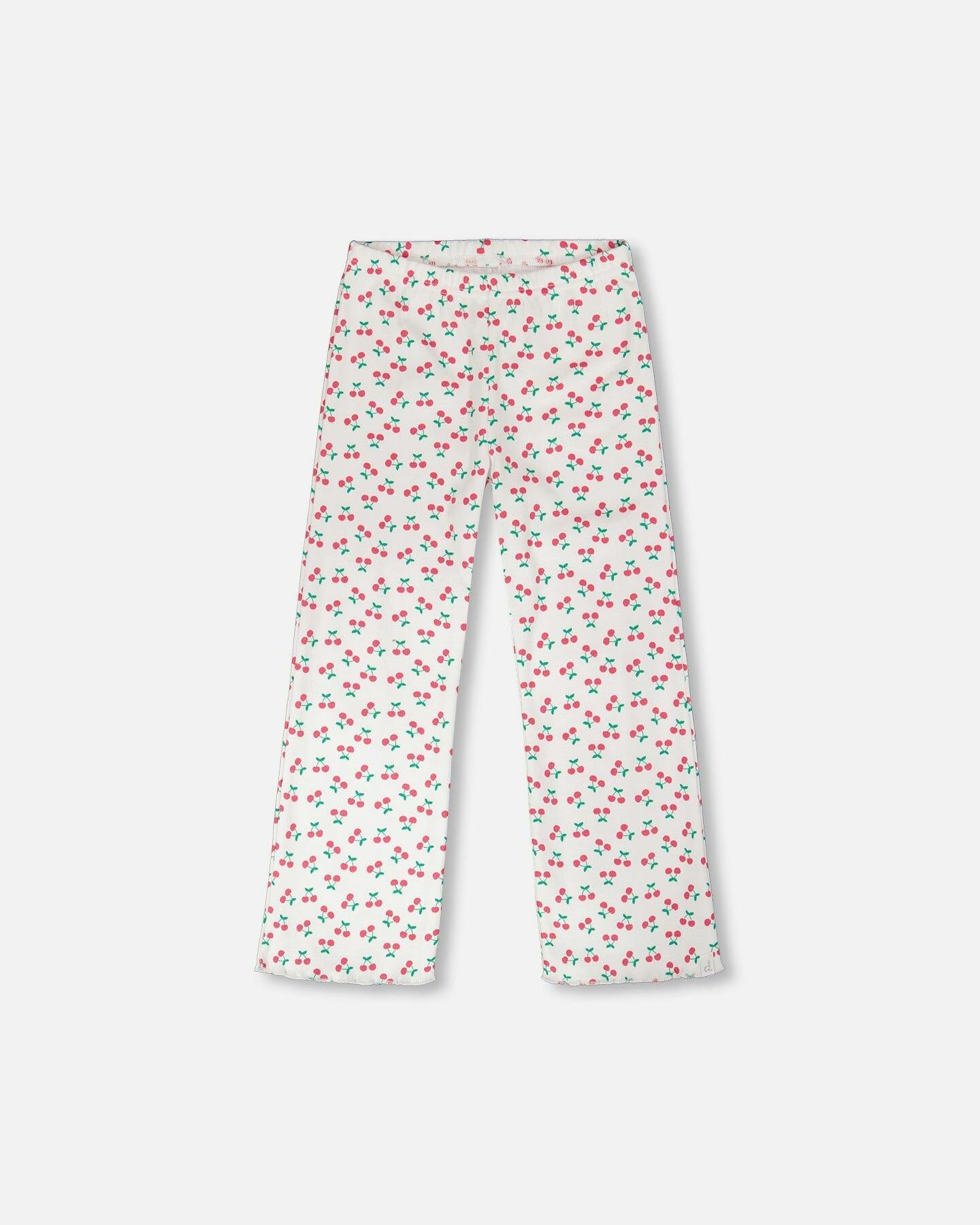 Rib Flare Leg Leggings White Printed Cherries