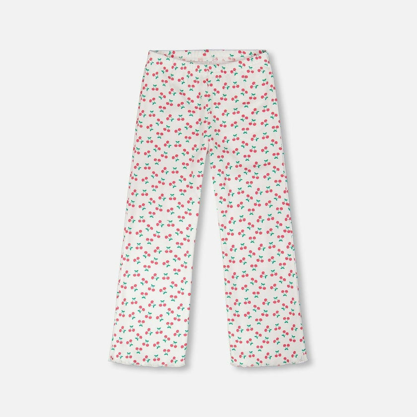 Rib Flare Leg Leggings White Printed Cherries