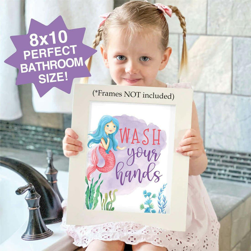 10-Piece Mermaid Potty Training Charts & 6-Piece Under the Sea Bathroom Wall Art Decor Prints