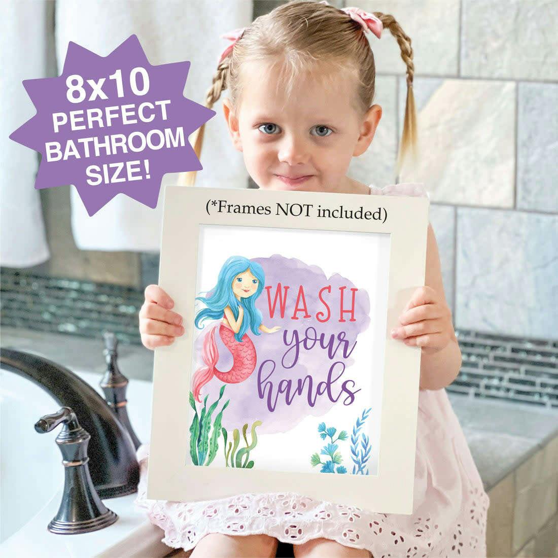 10-Piece Mermaid Potty Training Charts & 6-Piece Under the Sea Bathroom Wall Art Decor Prints