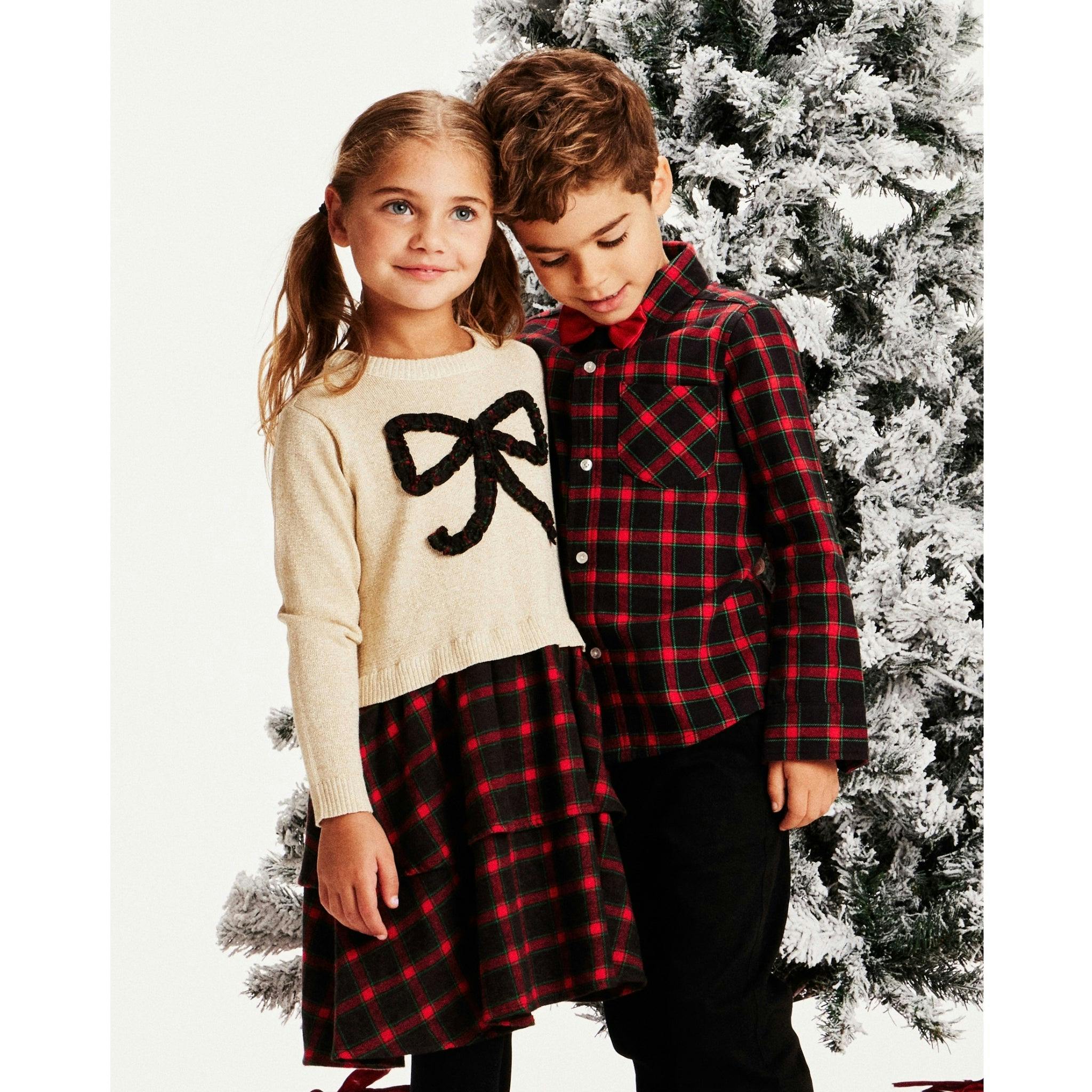 Girls Holiday Sweater Dress | Plaid Bow