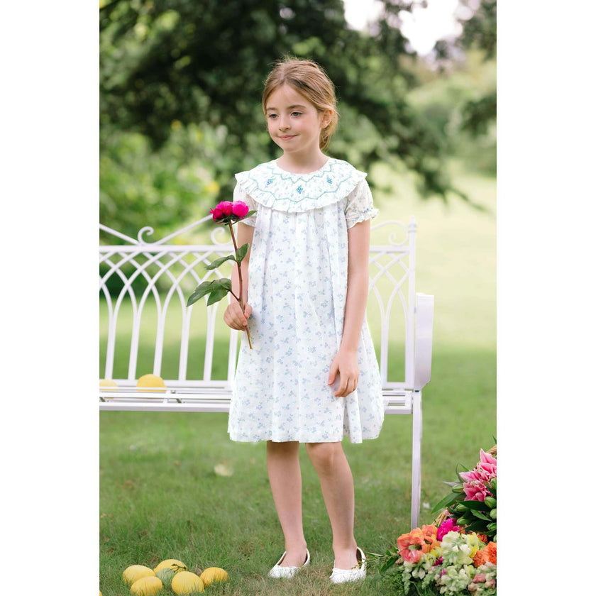 Myrtille Blue Floral Short Sleeve Bishop Dress