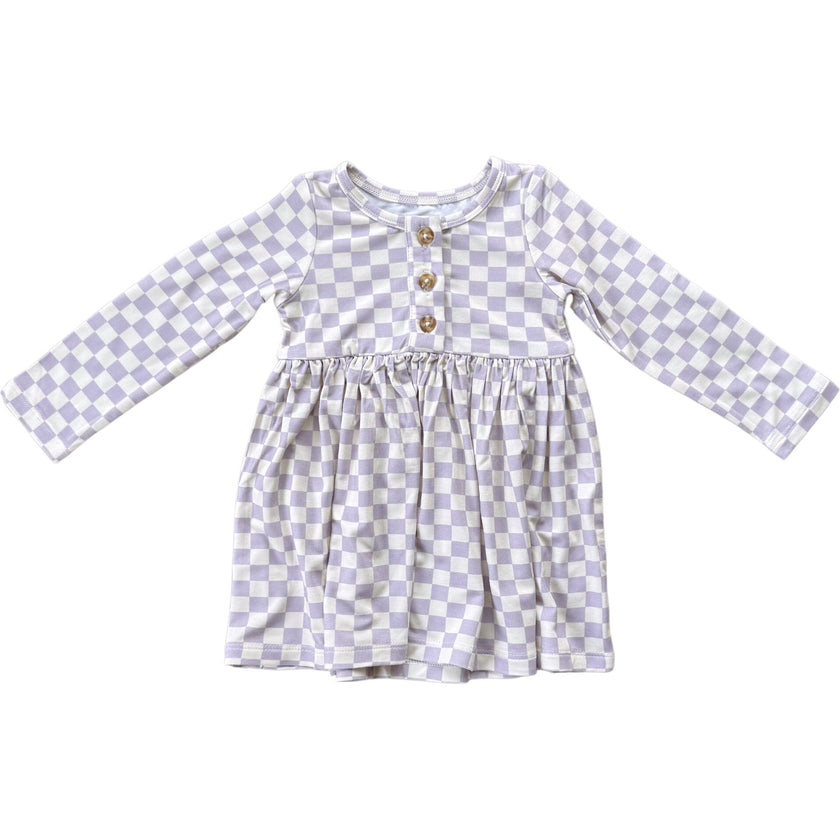 Long Sleeve Henley Dress Lavender Cloud Checkered