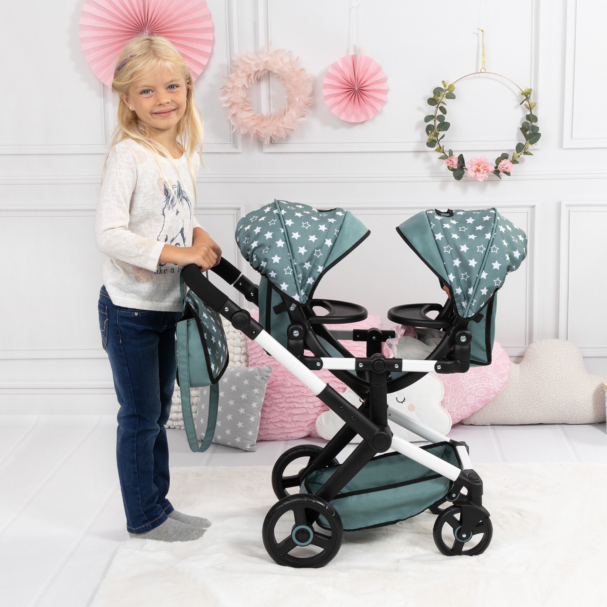 Bayer Design Dolls: Pram Xeo Twin - Green & White Stars