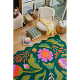 Green Base Pink Floral Wavy Rug by Jessica Miller