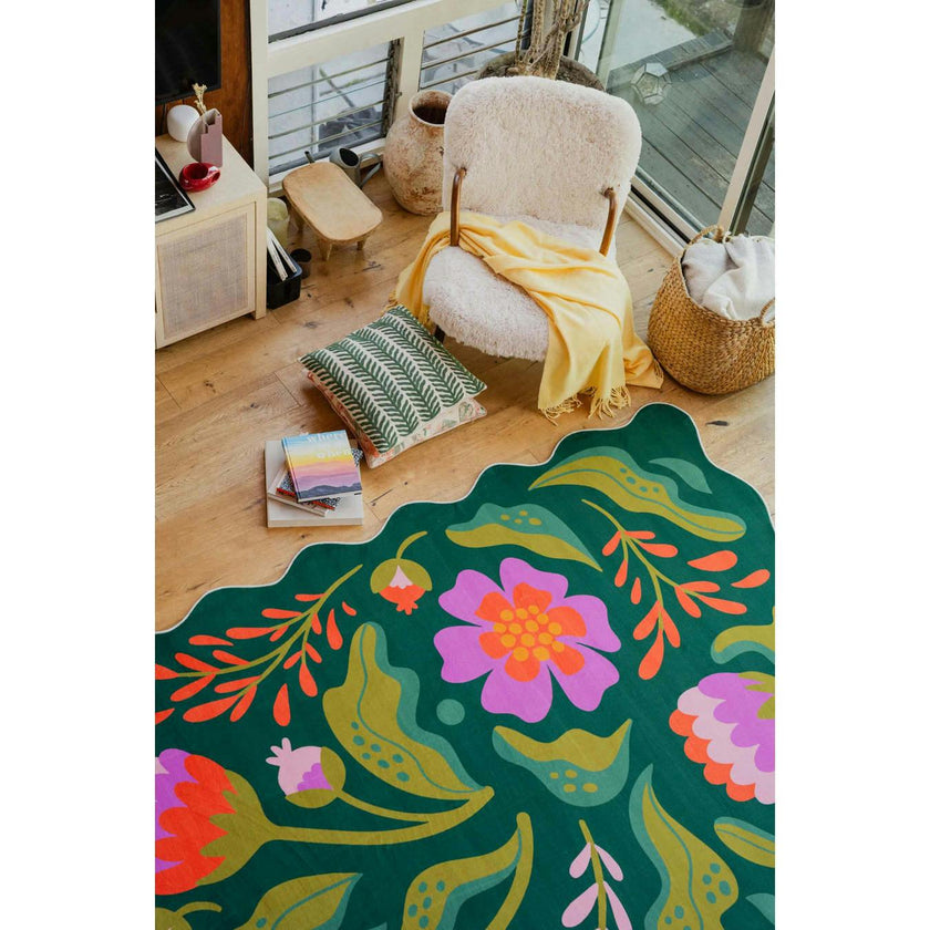 Green Base Pink Floral Wavy Rug by Jessica Miller