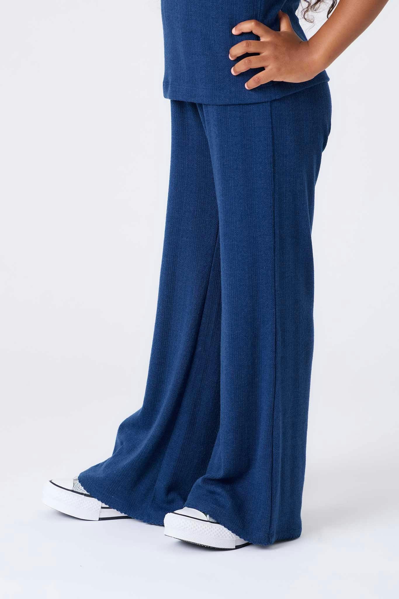 Girls Pointelle Flare Pant in Navy