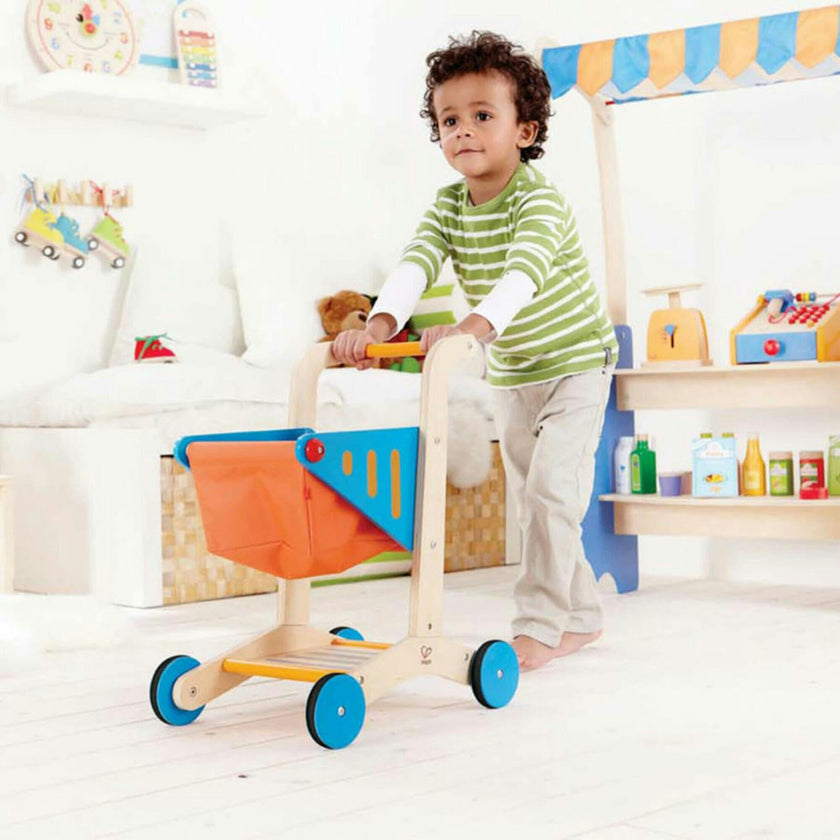 Wooden Shopping Cart in Orange & Blue