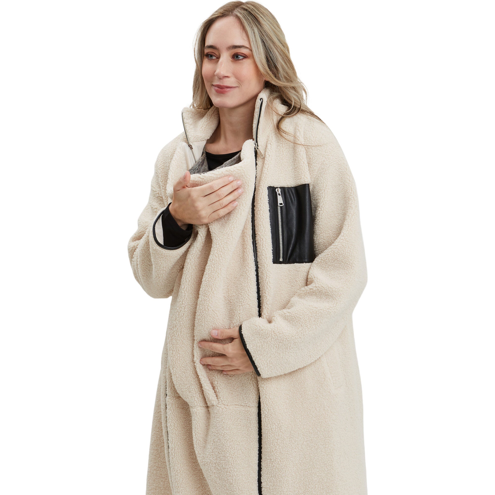 Teddi Stand Collar Double Zipper Long Maternity Coat