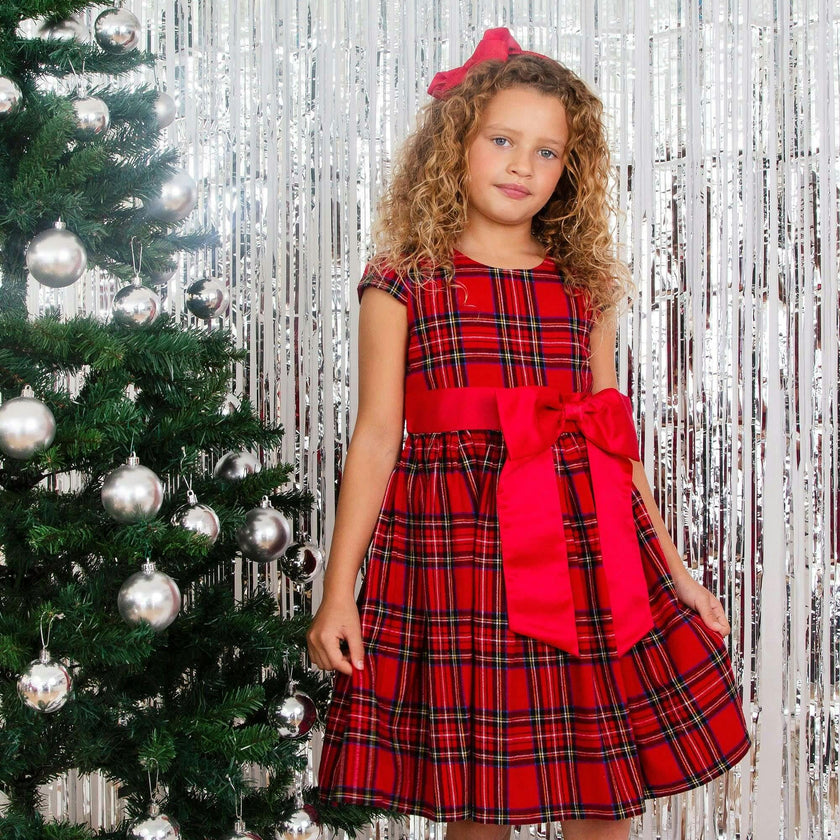 Jessie Plaid & Satin Bow Girls Party Dress