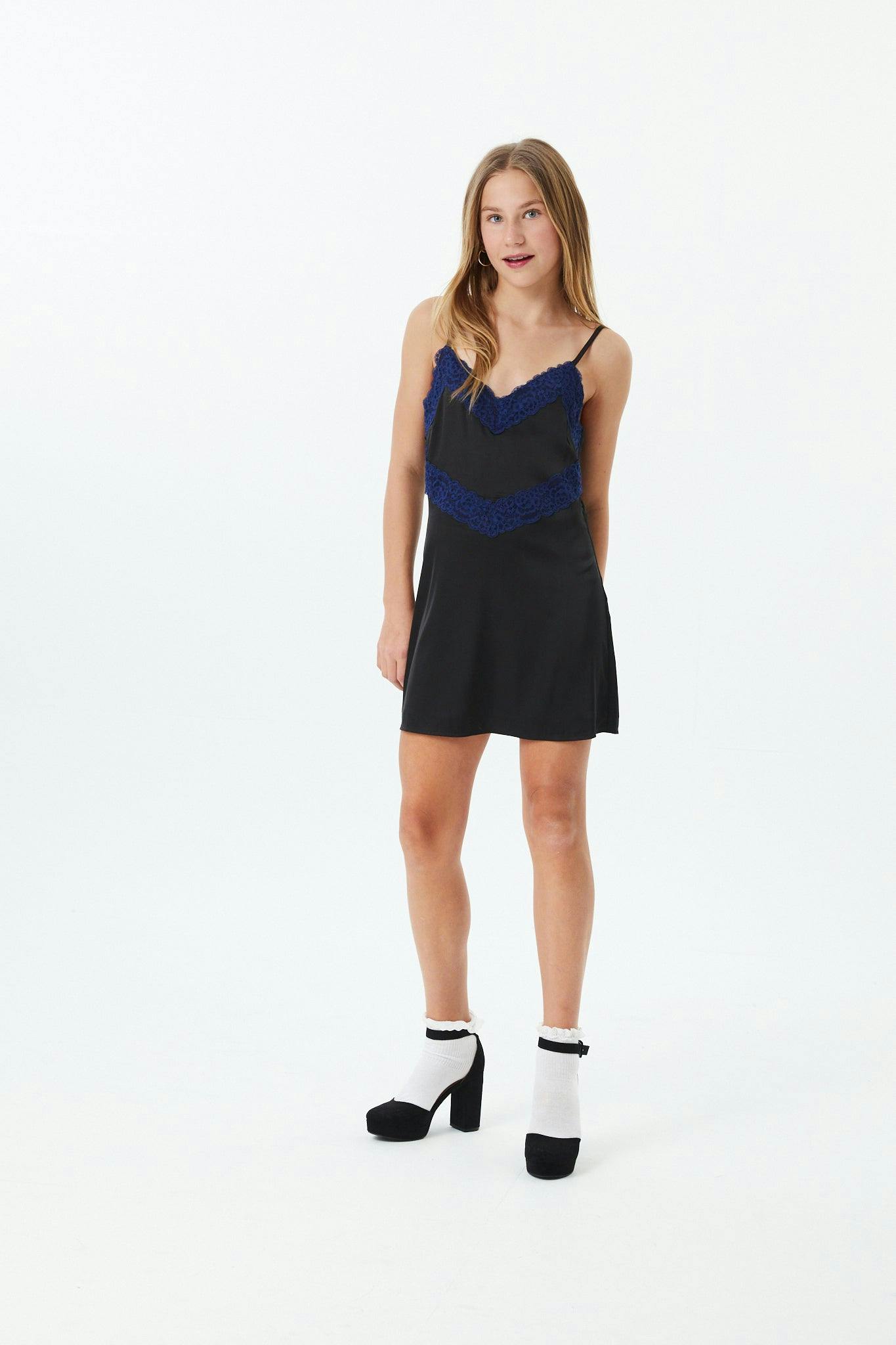 Jewels Black With Black Lace Satin Dress With Lace Trim