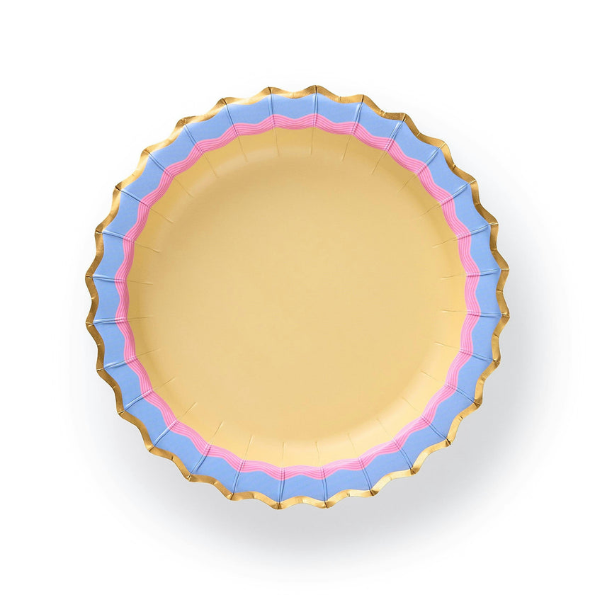 Packed Party Rainbow Ric Rac 10ct Paper Dessert Plates | Gold Foil Scalloped 5-Color Mix Party Plates | 8 Inch Birthday Plates