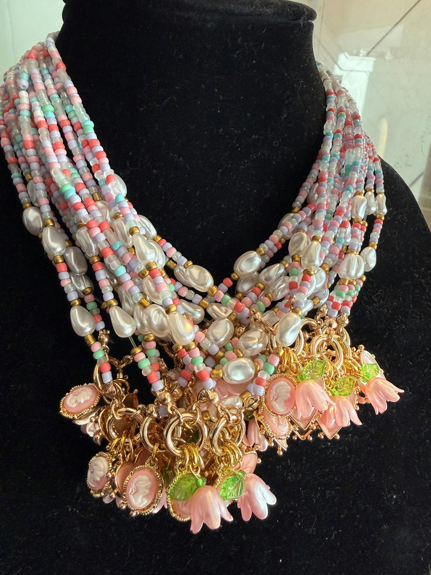 BEADED PEARL FLORAL HEART CHARM NECKLACE