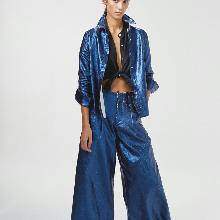 Culotte Metallic Linen Pants - Dark Blue