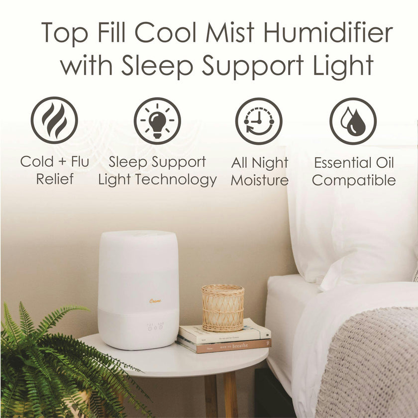 Top Fill Cool Mist Humidifier, 1 Gallon with Sleep Support Light & Essential Oil Tray
