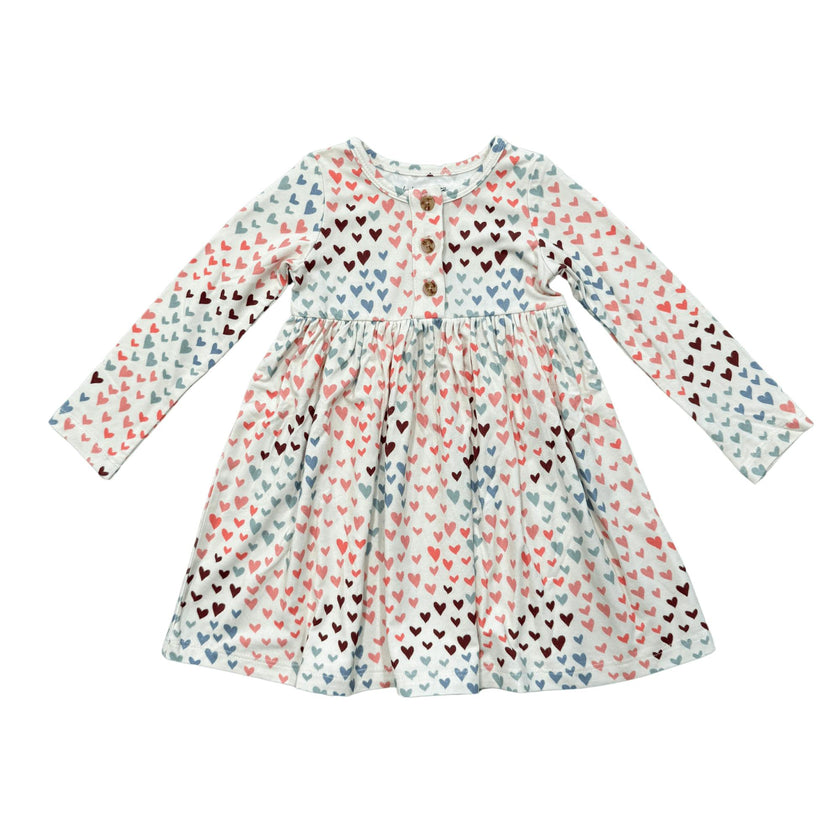 Girls Long Sleeve Henley Dress in Rainbow Hearts