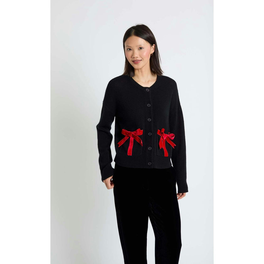 Wool-Cashmere Velvet Bow Cardigan