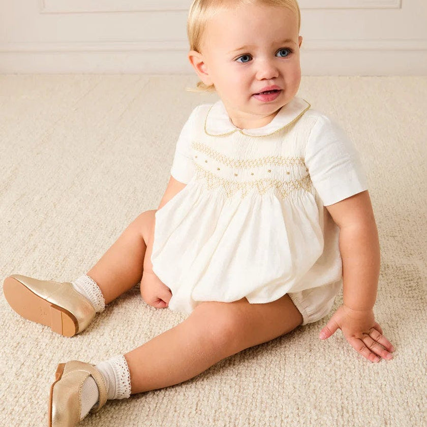 Hand Smocked Gold Embroidered Short Sleeve Romper in Ivory (3mths-2yrs)