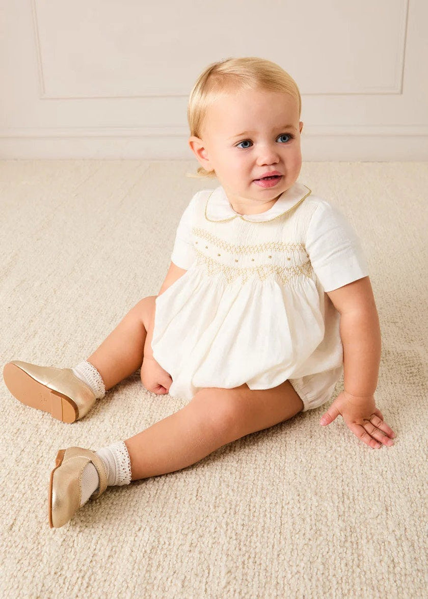 Hand Smocked Gold Embroidered Short Sleeve Romper in Ivory (3mths-2yrs)