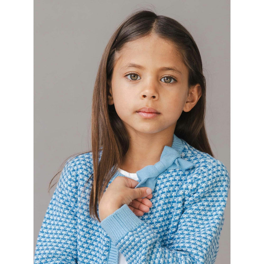 Organic Tweed Stitch Bow Cardigan, Blue