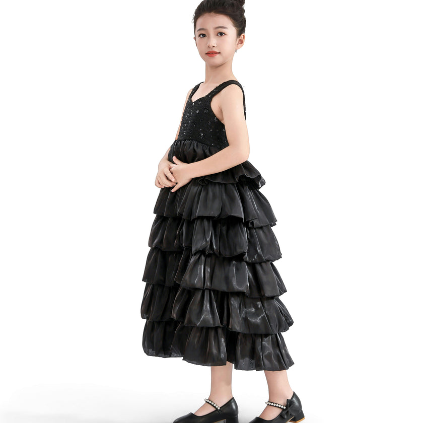 Black Ruffle Tiered Gala Dress