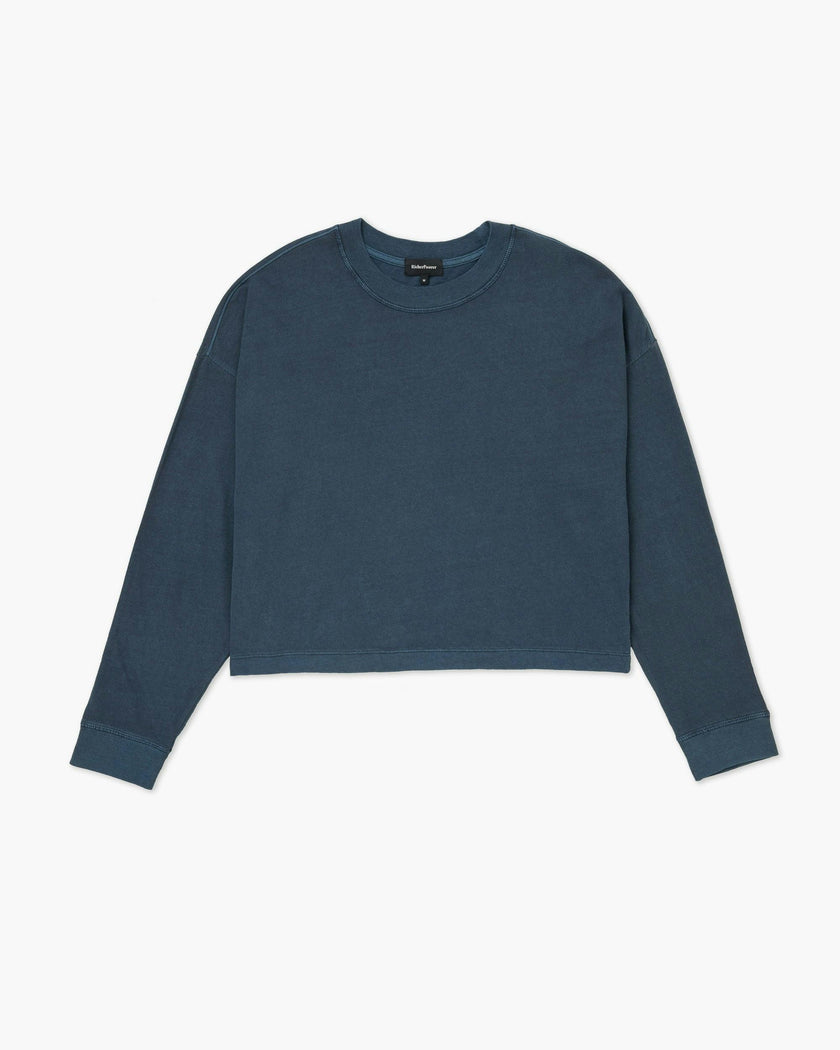Womens Relaxed Crop Long Sleeve Tee - Pigment Dye Jersey - Moonlit Ocean