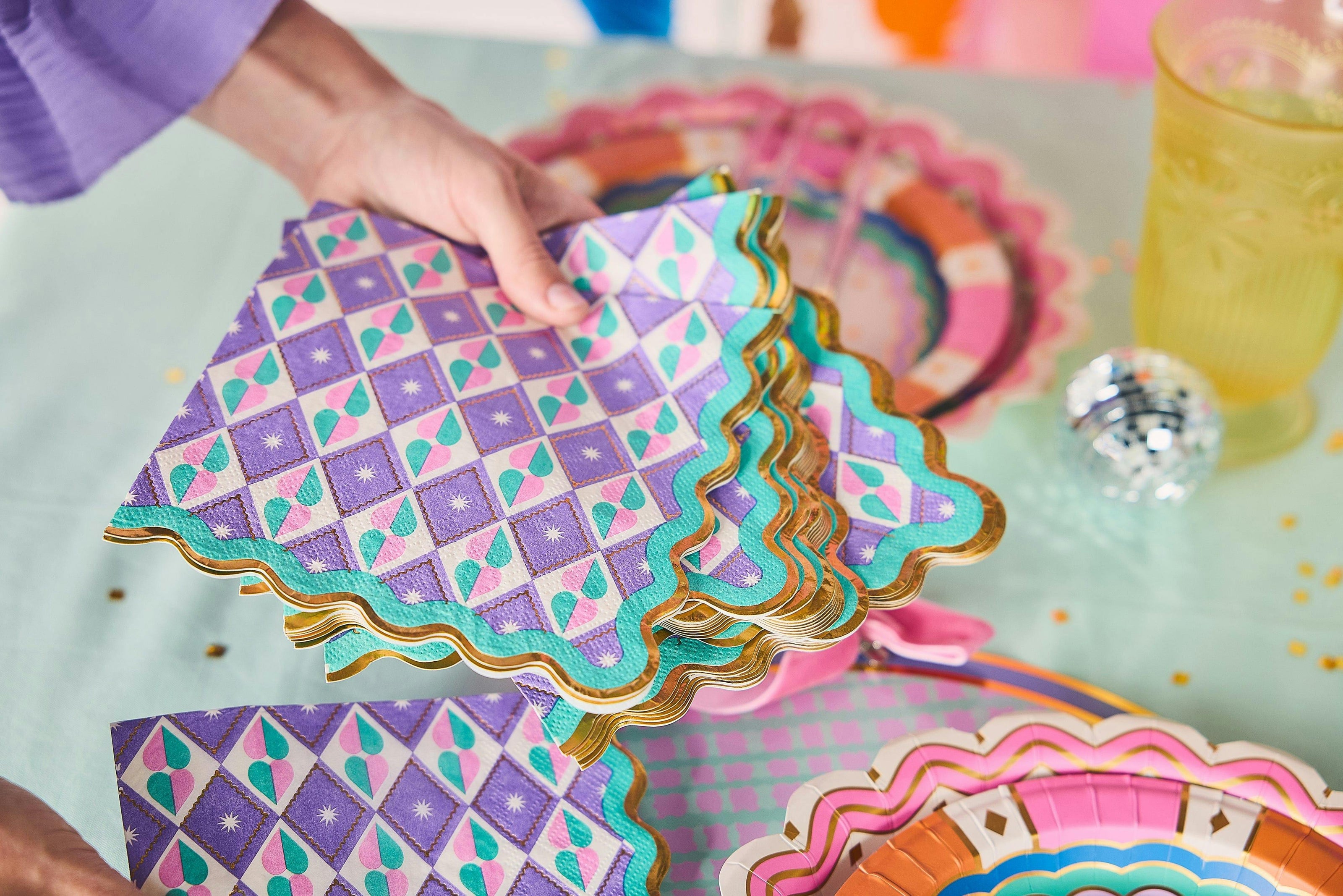 Packed Party Circus Soiree Luncheon Napkins 20ct - Gold Foil Pastel Diamond Pattern 3-Ply Scalloped Edge Napkins for Circus Birthday Parties