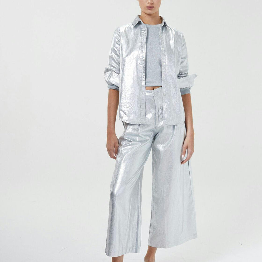 Culotte Metallic Linen Pants - New Silver