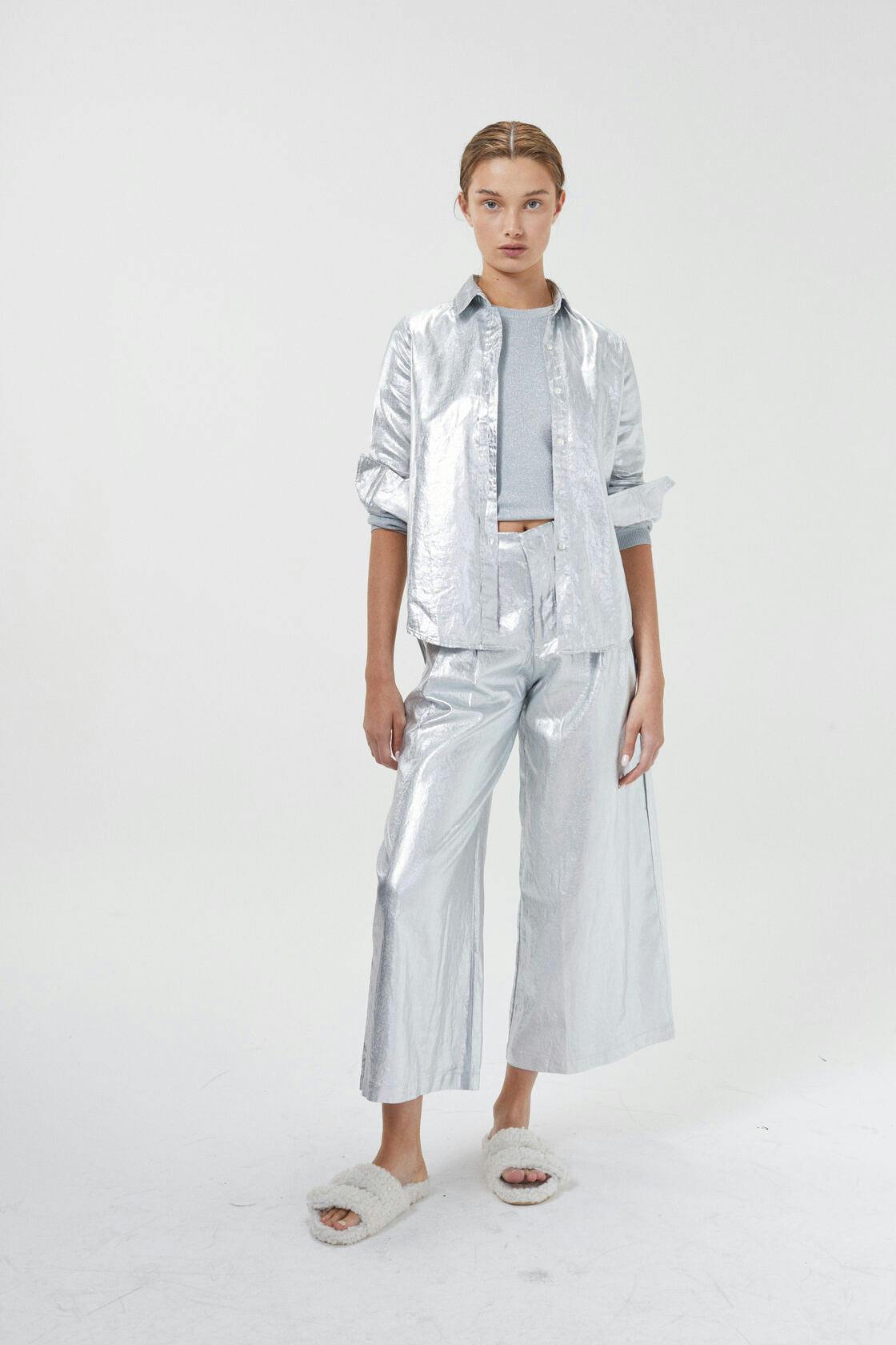 Culotte Metallic Linen Pants - New Silver