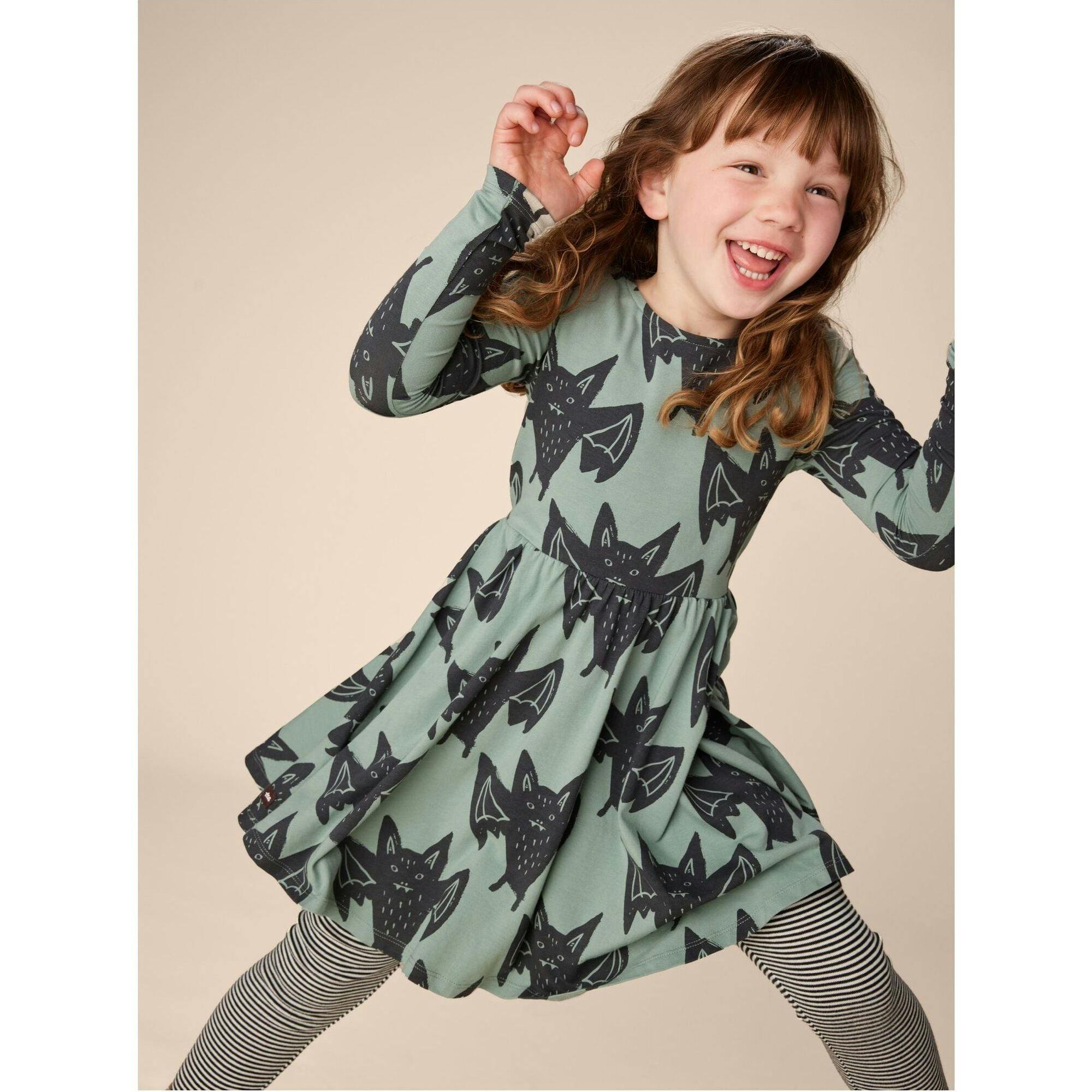 Bats Print Boat Neck Long Sleeve Ballet Skirt Dress, Multi