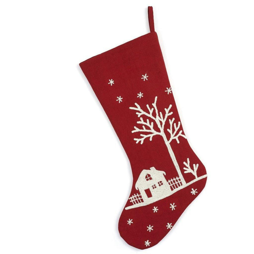Snowy Village Embroidered Scene Red Handmade Christmas Stocking