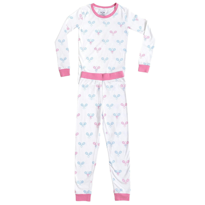 Kids Tennis Bows Long PJ Set - Blue Pink Organic Stretch Jersey Knit Cotton