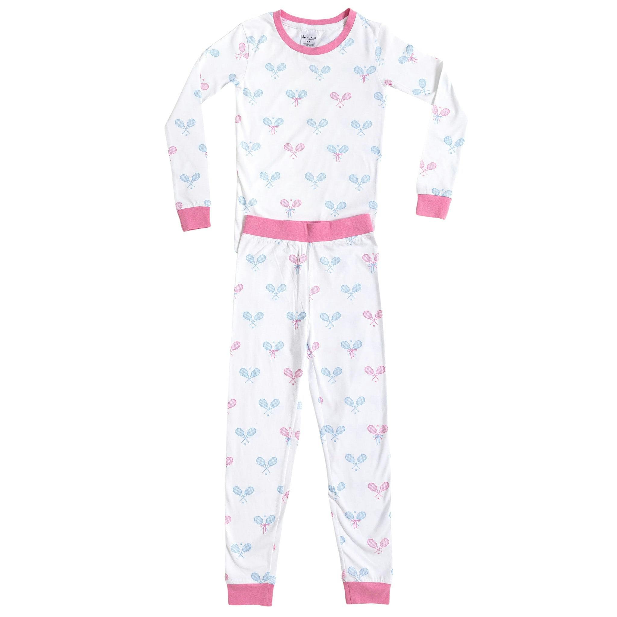 Kids Tennis Bows Long PJ Set - Blue Pink Organic Stretch Jersey Knit Cotton