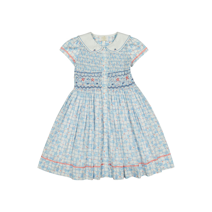 Riviera Blue Floral Short Sleeve Smocked Dress