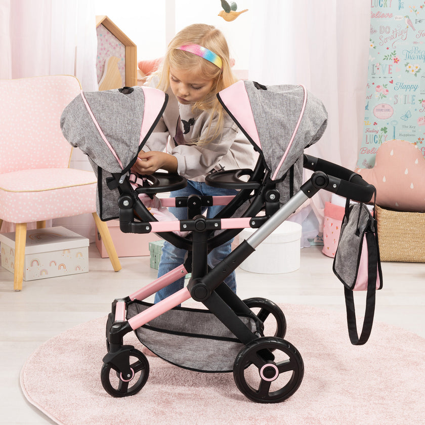 Bayer Design Dolls: Xeo Twin Pram - Grey & Pink