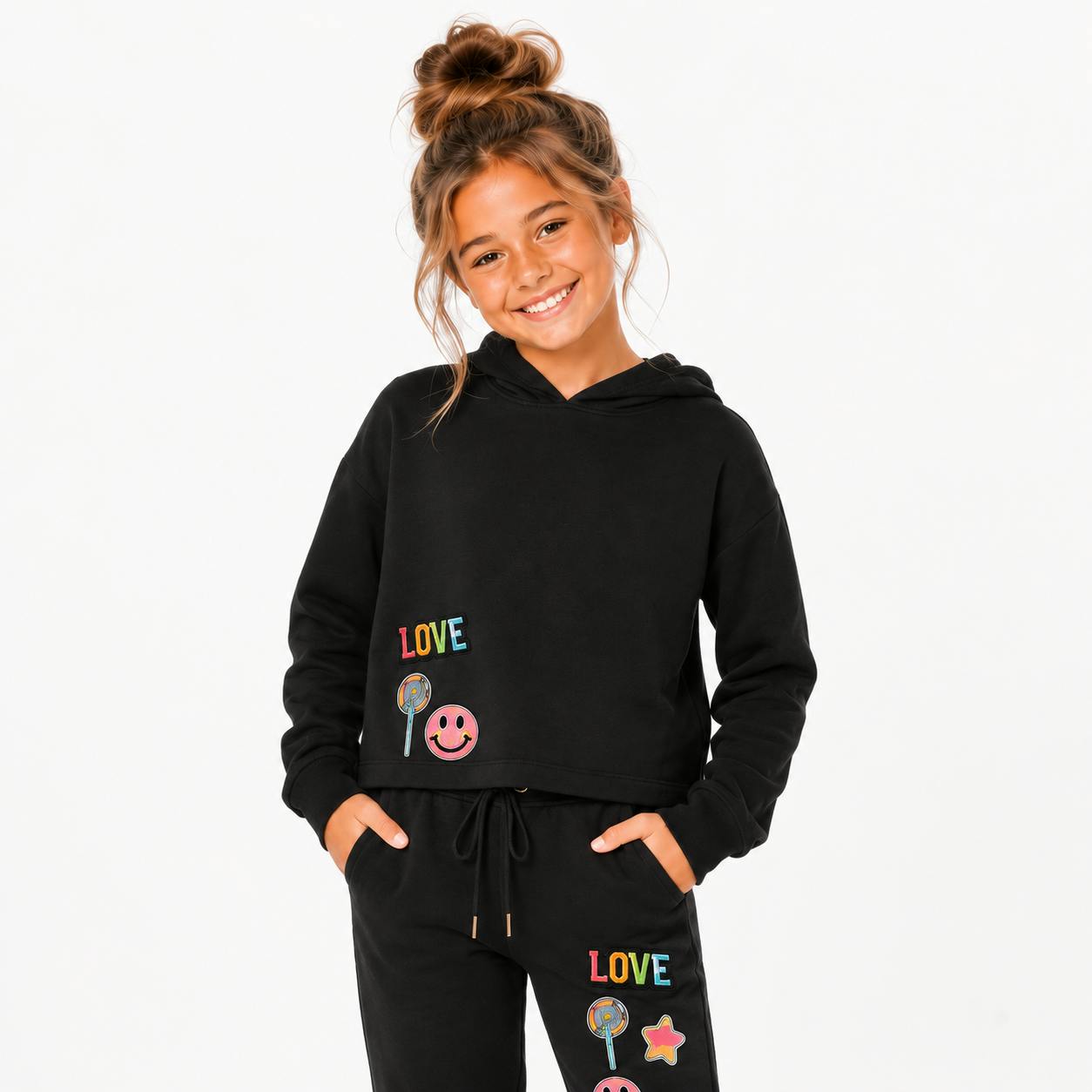 Butter Fleece Hooded Sweatshirt with LOVE & Happy Face Patches