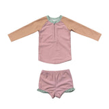 Girls Zip Rash Guard Two-Piece Swimsuit in Mauve Colorblock