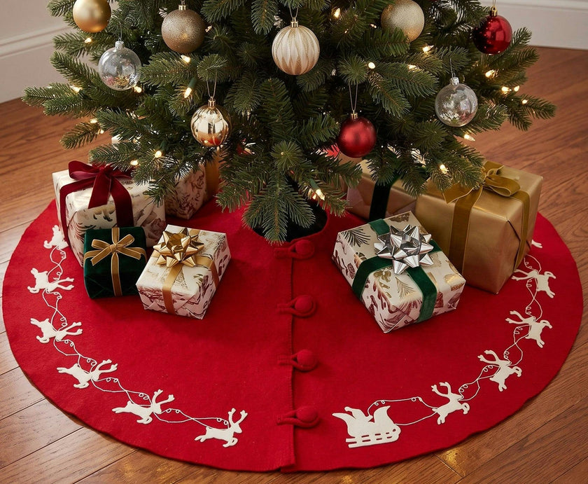 Cream Reindeer Red Christmas Tree Skirt Hand Felted Wool - 60"/72"