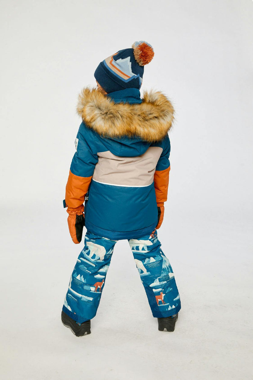 Two Piece Play Snowsuit Navy And Rust Colorblock With Blue Bear Print Pants