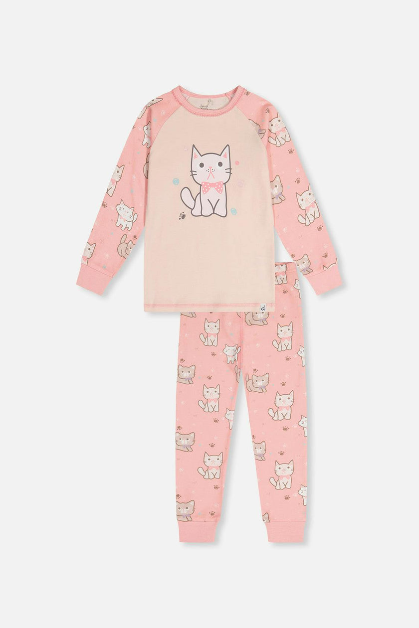 Organic Cotton Two Piece Pajama Set Pink Cat Print