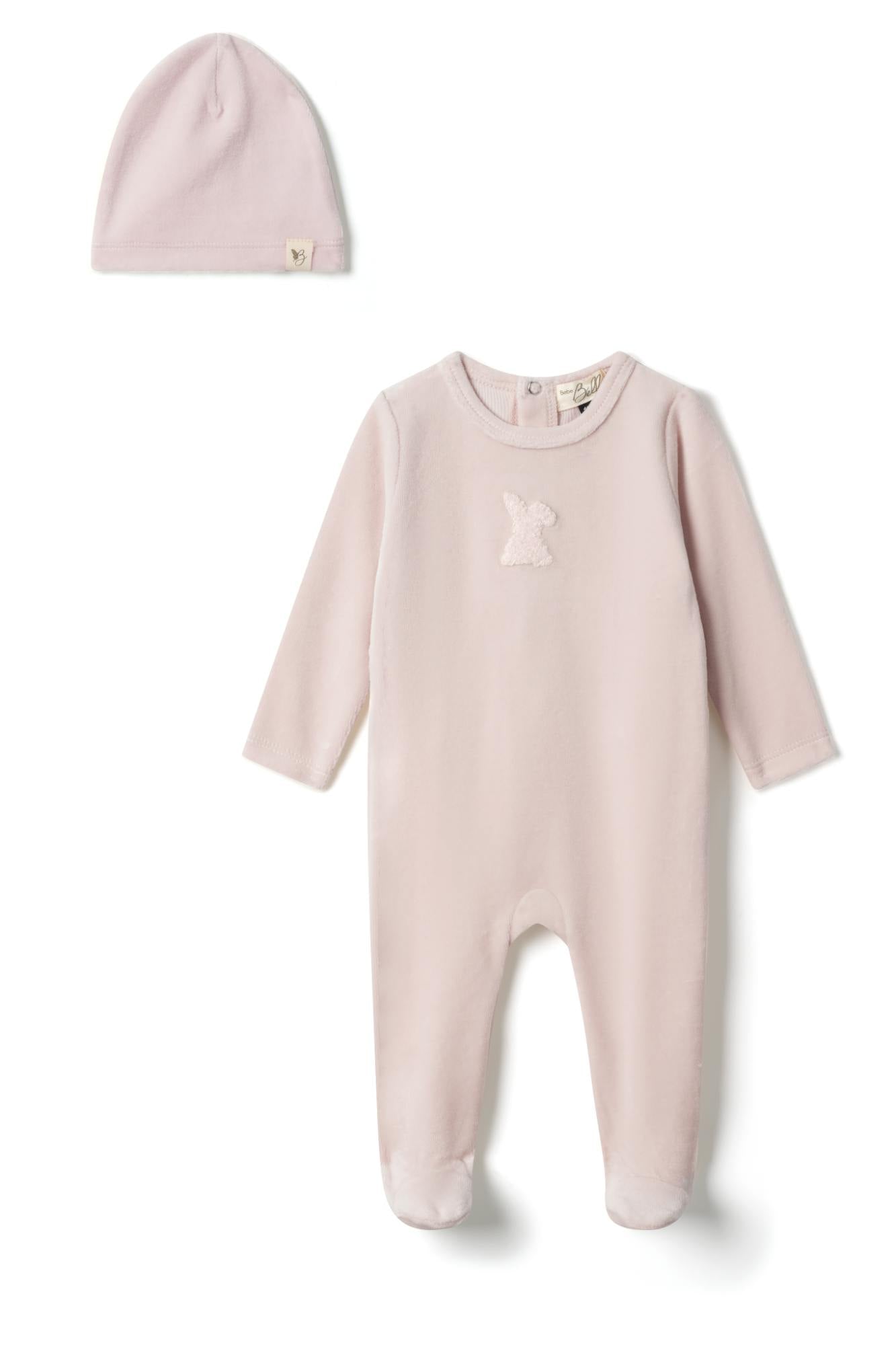 Applique Snap Front Velour Romper and Hat Two Piece Set